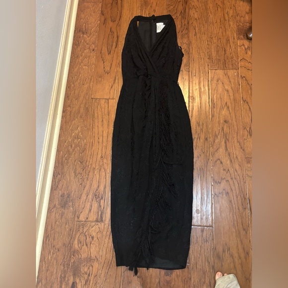 Vintage Carmen Marc Valvo Silk Black Backless Embroidered Fringe Dress Gown Sz 6 - Picture 5 of 12